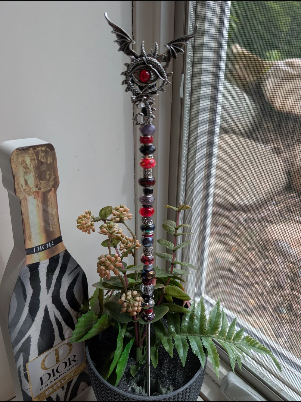Hand Made Fairy Wand/Plant/Garden Stake W/Metal Dragon Topper